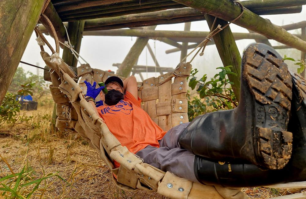 Cynthia Trying Out the Chimps Hammock