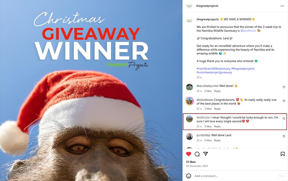 Lara Wins Social Media Competition - Free Trip to Namibia Wildlife Sanctuary