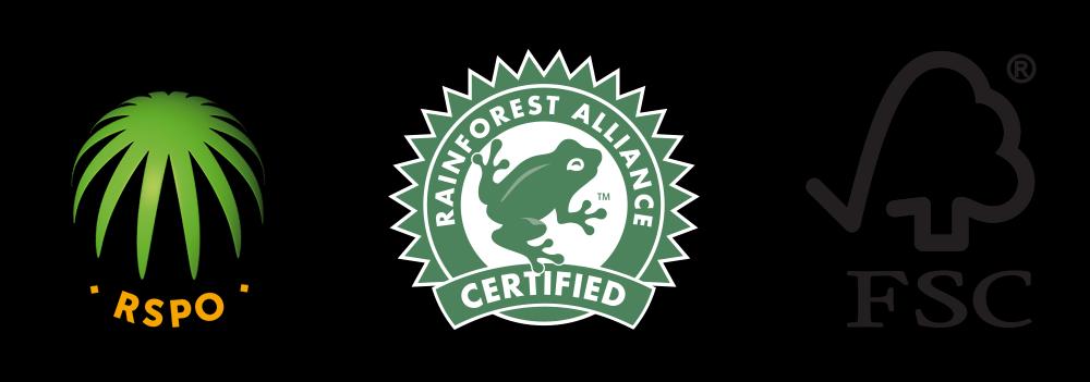 Logos of Sustainable Products - RSPO Palm Oil, FSC Wood and Paper, Rainforest Alliance Food